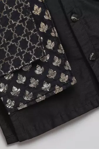 Black printed cotton silk Boy's Kurta Pyjama