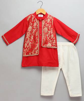 Red printed cotton silk Boy's Kurta Pyjama 1