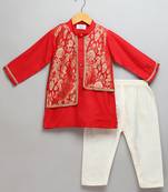 Red printed cotton silk kurta pyjama