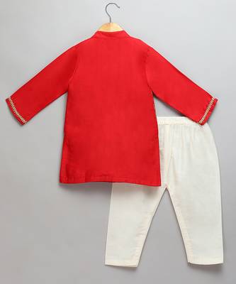 Red printed cotton silk Boy's Kurta Pyjama 2
