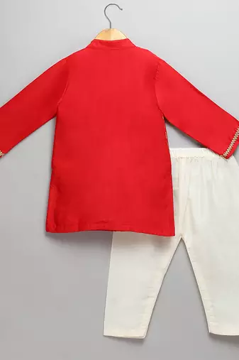 Red printed cotton silk Boy's Kurta Pyjama