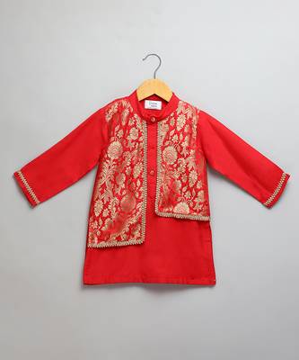 Red printed cotton silk Boy's Kurta Pyjama 3