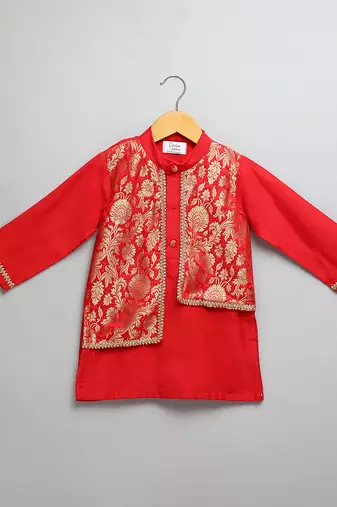 Red printed cotton silk Boy's Kurta Pyjama