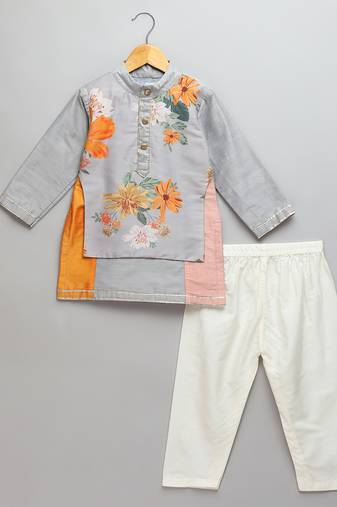 Grey printed cotton silk kurta pyjama