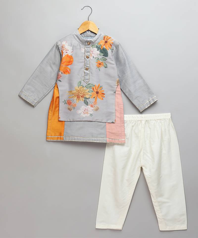 Grey printed cotton silk kurta pyjama