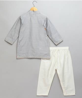 Grey printed cotton silk Boy's Kurta Pyjama 2