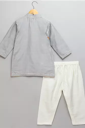 Grey printed cotton silk Boy's Kurta Pyjama