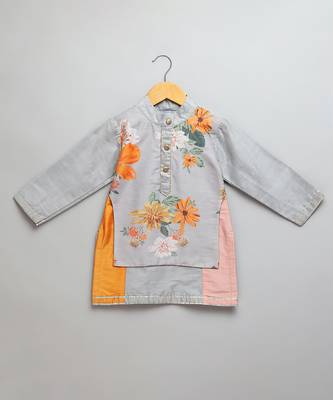Grey printed cotton silk Boy's Kurta Pyjama 3