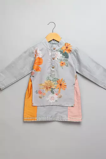 Grey printed cotton silk Boy's Kurta Pyjama