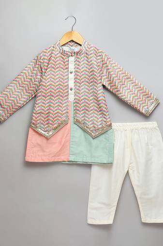 Multicolor printed cotton silk kurta pyjama