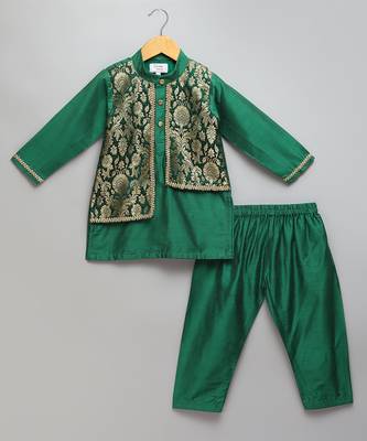 Green printed cotton silk Boy's Kurta Pyjama 1
