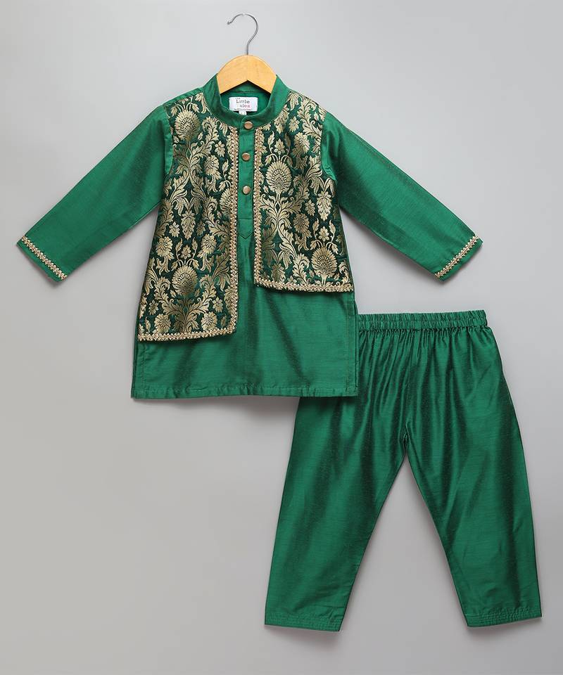 Green printed cotton silk kurta pyjama