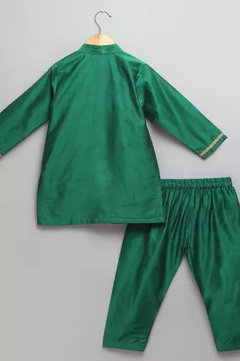 Green printed cotton silk Boy's Kurta Pyjama
