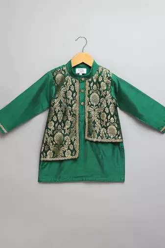 Green printed cotton silk Boy's Kurta Pyjama
