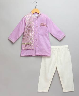 Purple printed cotton silk Boy's Kurta Pyjama 1