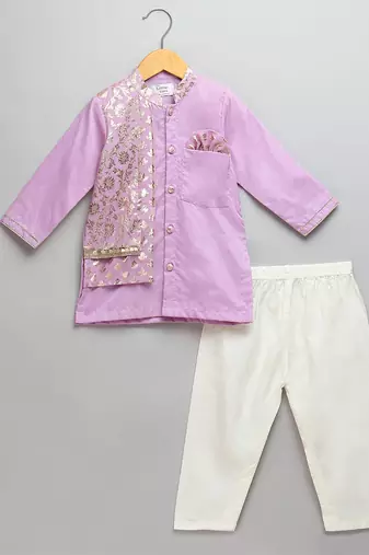 Purple printed cotton silk kurta pyjama