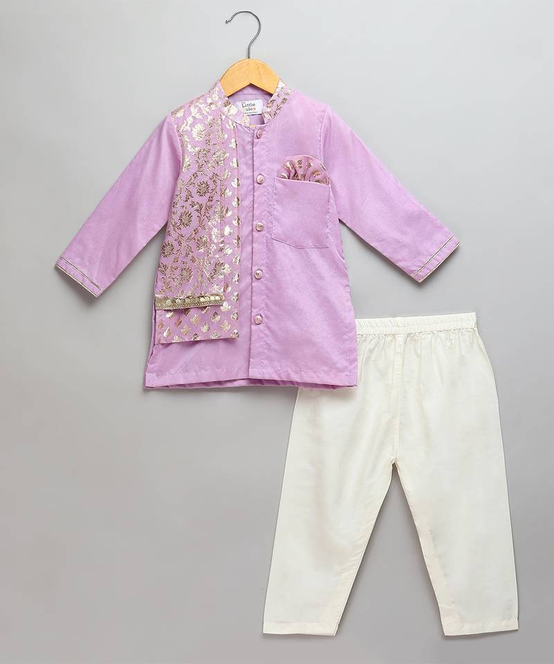 Purple printed cotton silk kurta pyjama
