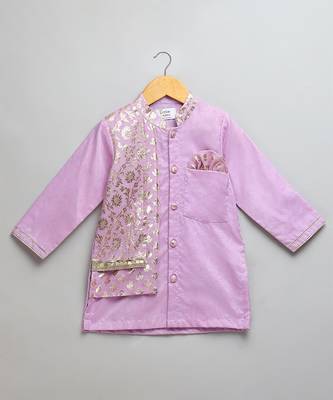 Purple printed cotton silk Boy's Kurta Pyjama 3