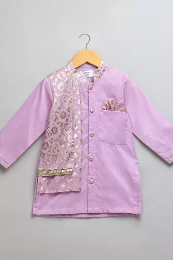 Purple printed cotton silk Boy's Kurta Pyjama