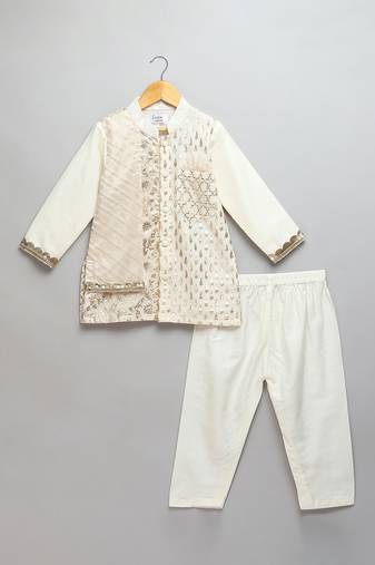White printed cotton silk kurta pyjama