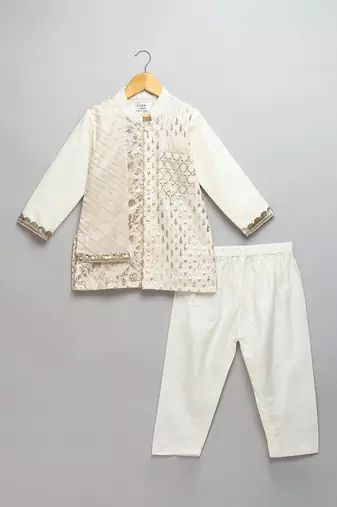 White printed cotton silk kurta pyjama