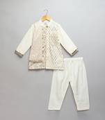 White printed cotton silk kurta pyjama