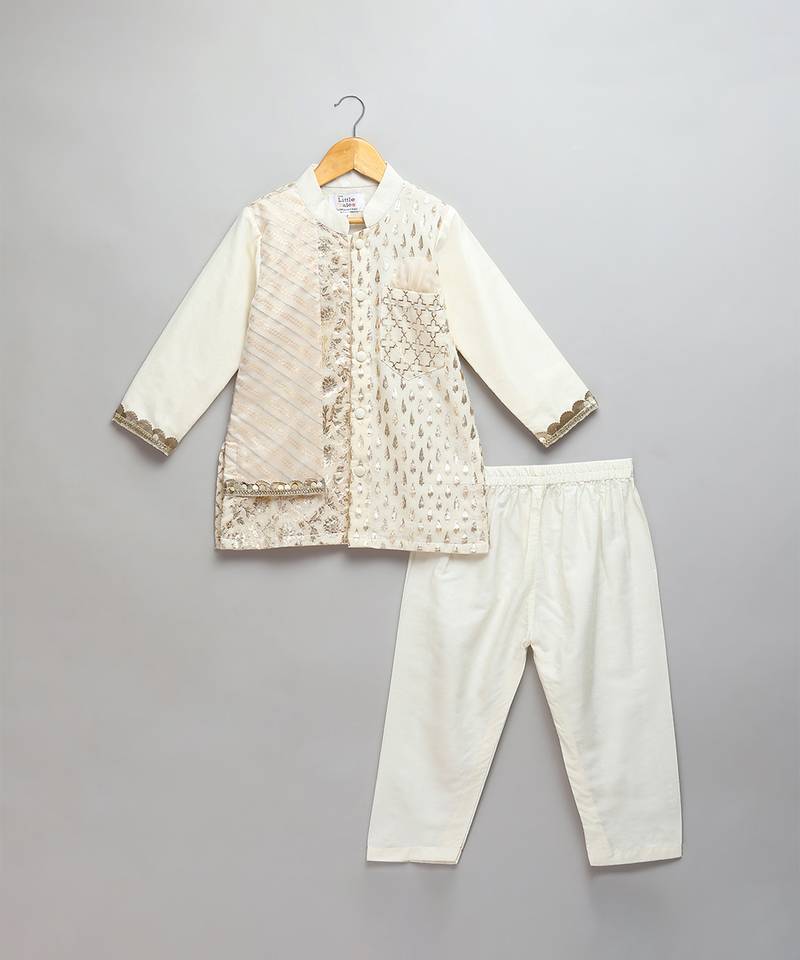 White printed cotton silk kurta pyjama