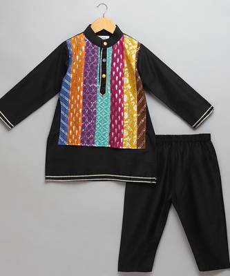 Black printed cotton silk Boy's Kurta Pyjama 1