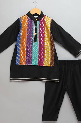 Black printed cotton silk kurta pyjama