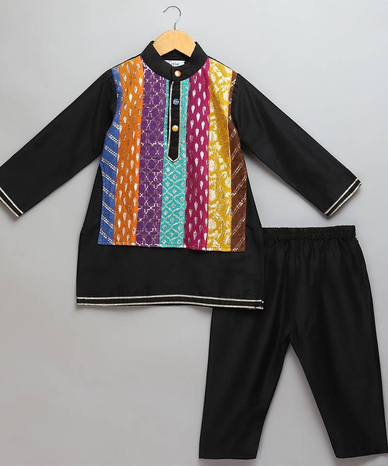 Black printed cotton silk kurta pyjama