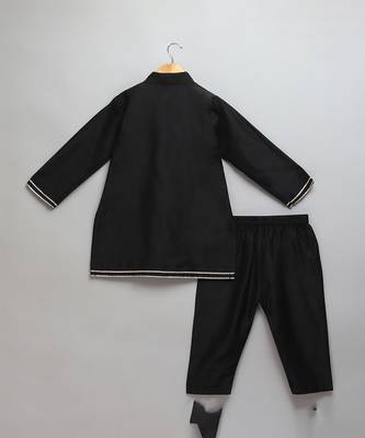 Black printed cotton silk Boy's Kurta Pyjama 2