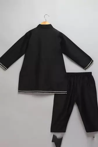 Black printed cotton silk Boy's Kurta Pyjama