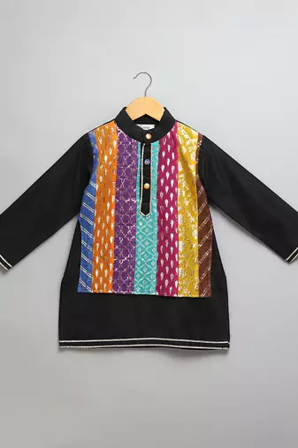 Black printed cotton silk Boy's Kurta Pyjama