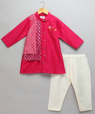 Pink printed cotton silk Boy's Kurta Pyjama 1
