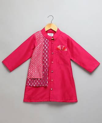Pink printed cotton silk Boy's Kurta Pyjama 3