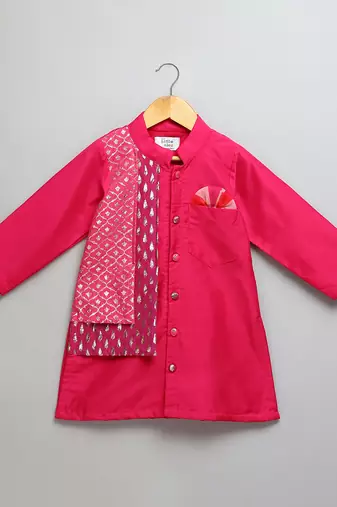 Pink printed cotton silk Boy's Kurta Pyjama