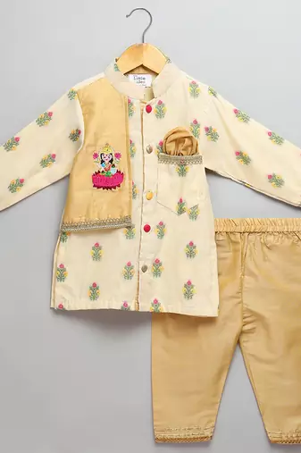 Beige printed cotton silk kurta pyjama