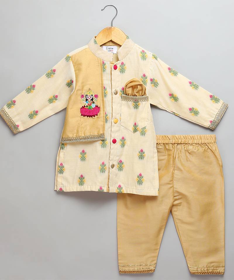 Beige printed cotton silk kurta pyjama