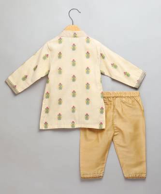 Beige printed cotton silk Boy's Kurta Pyjama 2