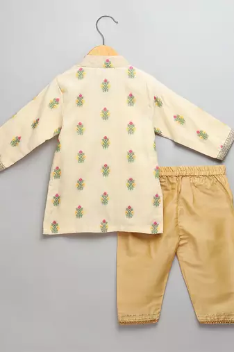 Beige printed cotton silk Boy's Kurta Pyjama