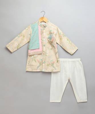 Beige printed cotton silk Boy's Kurta Pyjama 1