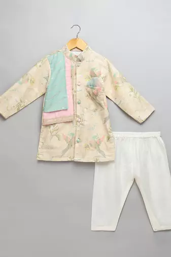 Beige printed cotton silk kurta pyjama