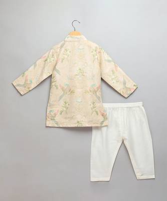 Beige printed cotton silk Boy's Kurta Pyjama 2