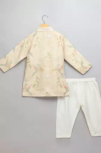 Beige printed cotton silk Boy's Kurta Pyjama