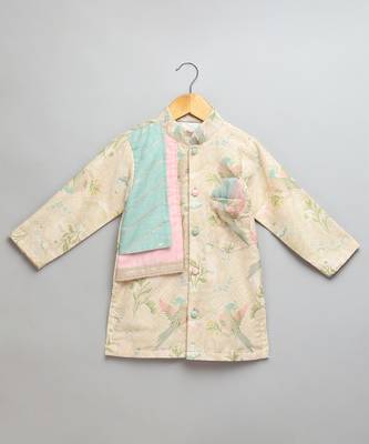 Beige printed cotton silk Boy's Kurta Pyjama 3