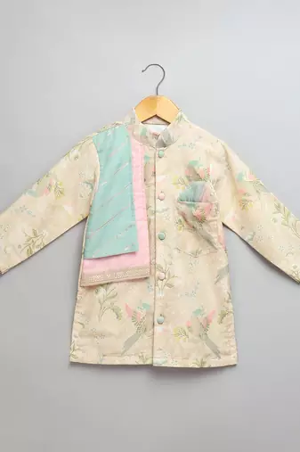 Beige printed cotton silk Boy's Kurta Pyjama