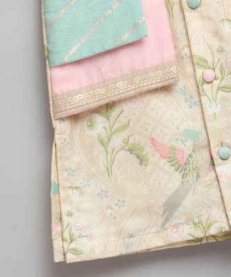 Beige printed cotton silk Boy's Kurta Pyjama 5