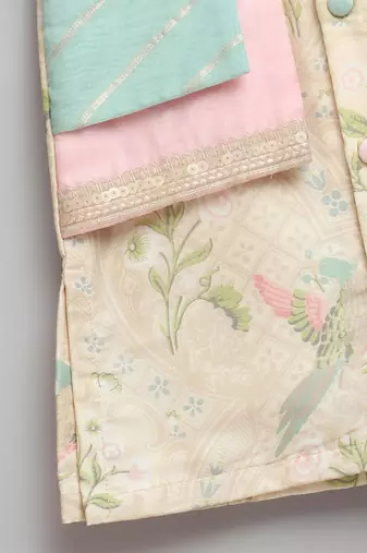 Beige printed cotton silk Boy's Kurta Pyjama