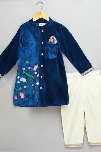 Blue printed velvet kurta pyjama