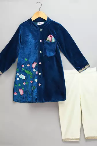 Blue printed velvet kurta pyjama